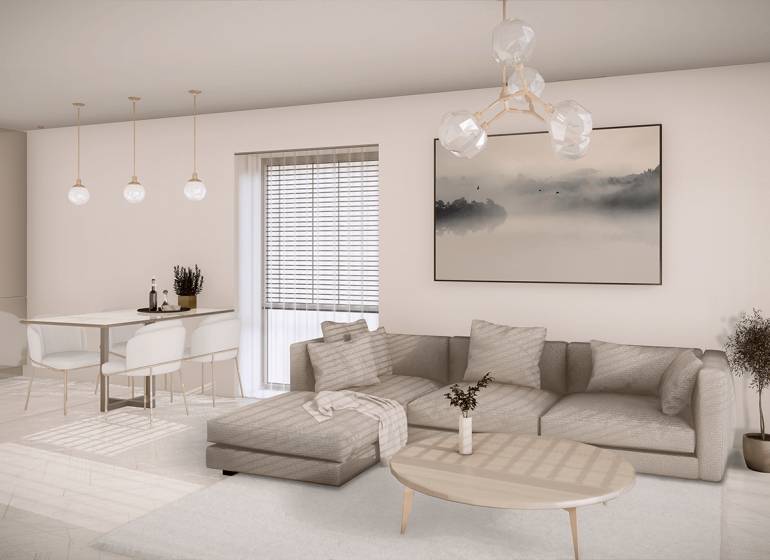 Posledný 3 izbový byt Bell Residence B.6.3. - Obývacia izba v 3-izbovom byte na ulici Suchoňova, s pohodlnou sedačkou a jedálenským stolom.