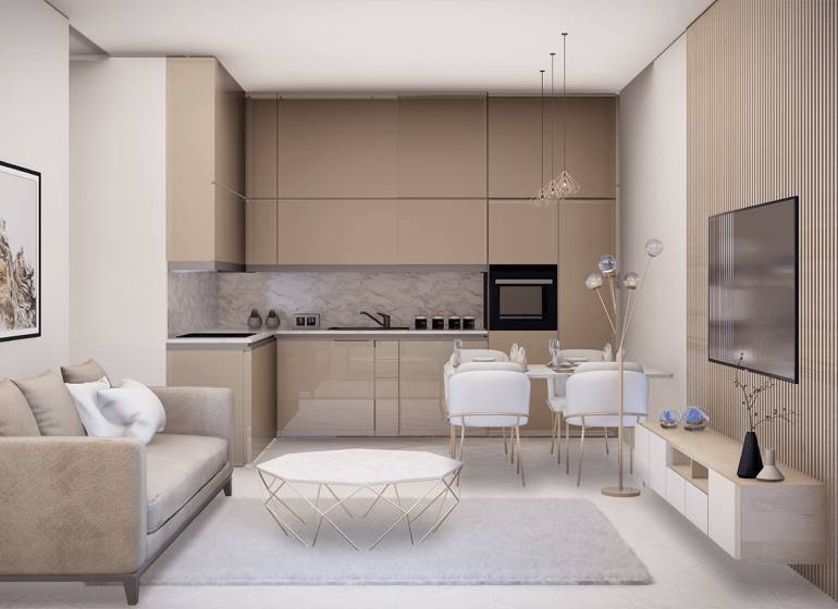 1,5 i byt BELL RESIDENCE B.2.4. - 1-izbový byt na Suchoňovej: útulná obývačka s kuchyňou, jedálenským kútom a modernými prvkami.