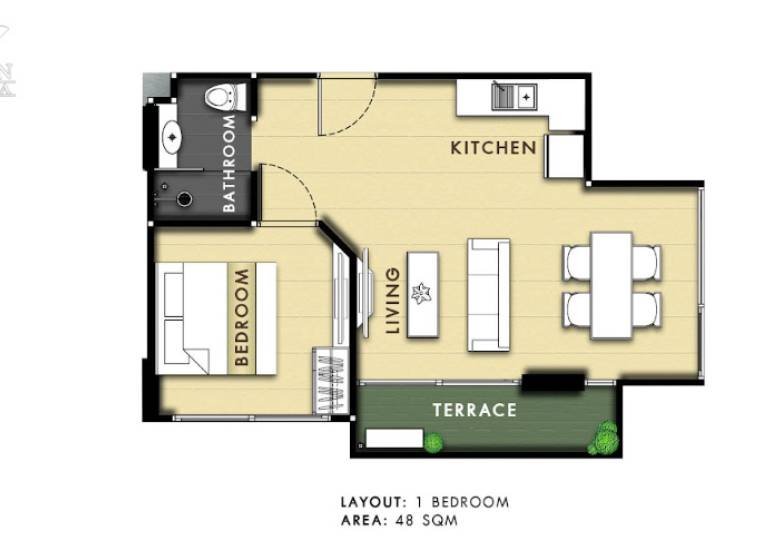 1 IZBOVÝ APARTMÁN (1 SPÁLŇA + 1 OBÝV. IZBA) CITY GARDEN TROPICANA  - Pôdorys 2-izbového bytu s kuchyňou, obývačkou, terasou a kúpeľňou.