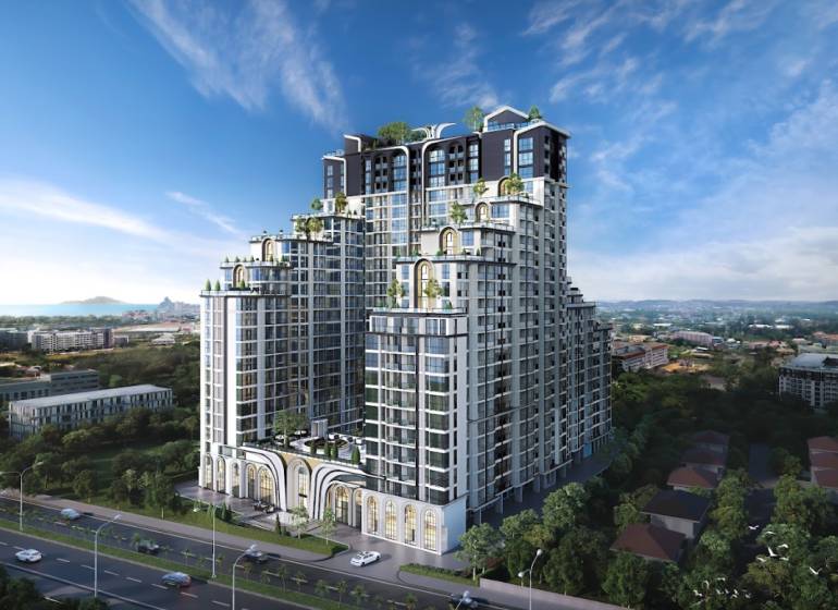 EMBASSY LIFE PATTAYA - Výstavba bytov v Pattaye s výhľadom na more a modernou architektúrou.