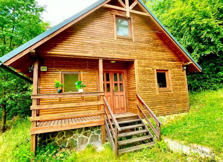 Rekreačná chata – Banská Štiavnica, časť Štefultov - Drevený rodinný dom v Štefultove, obklopený zeleňou, jednoduchý vidiecky dizajn.