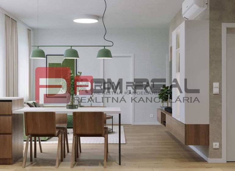 PREDAJ 2i byt, 49 m2, Prémiová novost. Zelené Nivy, Pezinok - Interiér 2-izbového bytu na ulici Pezinok; kuchyňa, jedáleň, drevené prvky, svetlá atmosféra.