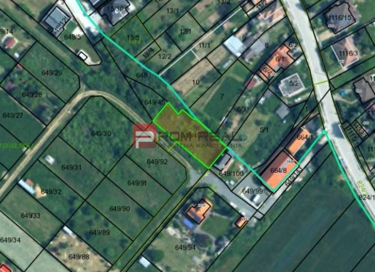 Výhodne predaj pozemku 82,90 €/m2, Budmerice - Katastrálna mapa v Budmericiach na Poľnej ulici, označujúca pozemky - bývanie.