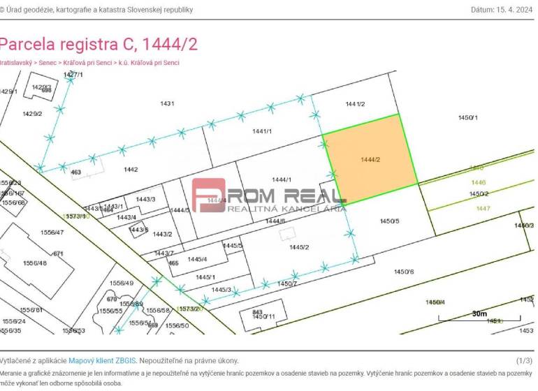 Záhrada v Kráľovej pri Senci, samostatný prístup z verejnej cesty, vod - Katastrálna mapa zobrazuje parcelu 1444/2 na ulici Cintorínska 463 v lokalite Záhrady.