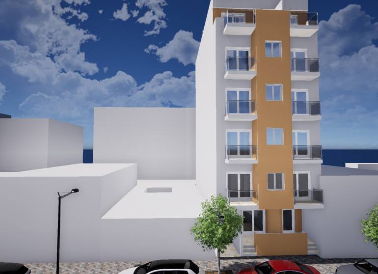 TORREVIEJA - UVÁDZACIE CENY ZA NOVOSTAVBU len 300 metrov od mora - Budova v Torrevieji na ulici Campoamor 12, vedľa nej sú zaparkované autá.