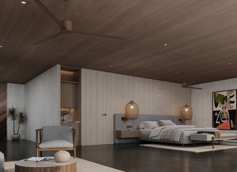 HOTELOVÝ SUITE V LUXUSNOM ZANZIBARSKOM KOMPLEKSE - Spálňa v rodinnom dome s neutrálnymi farbami, moderným nábytkom a umeleckým obrazom.