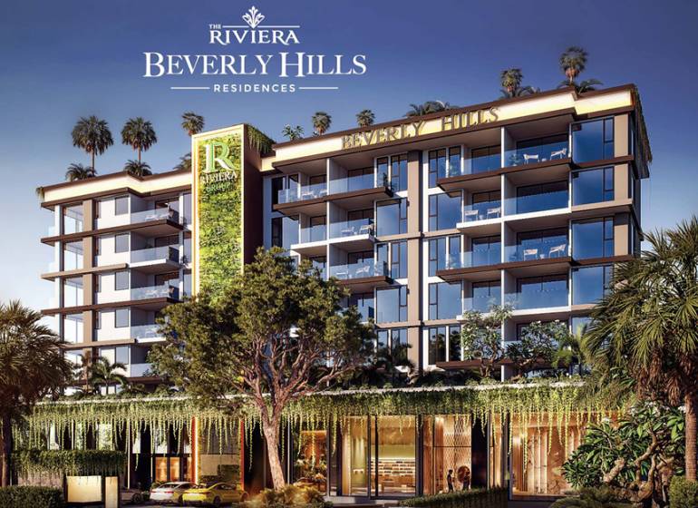 THE RIVIERA BEVERLY HILLS RESIDENCES PATTAYA - Výstavba bytov v Pattayi obklopená zeleňou a palmami, moderné architektonické riešenie.