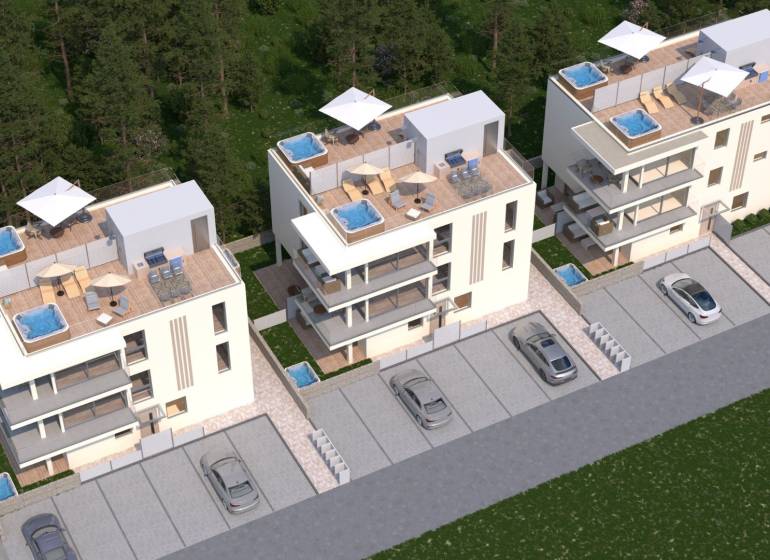 CHORVÁTSKO - Luxusné apartmány (2i) - ostrov VIR - 3 moderné apartmánové budovy s terasami, jacuzzi a parkovaním, obklopené zeleňou.