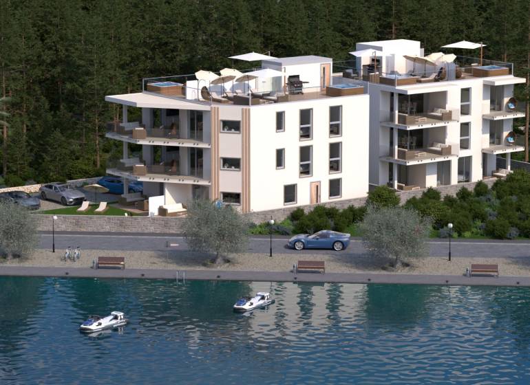 CHORVÁTSKO - Nové apartmány 3 m od mora (5i) - ostrov VIR, Zadar - Moderná budova pri vodnej hladine, obklopená zeleňou a palmami, s parkoviskom.