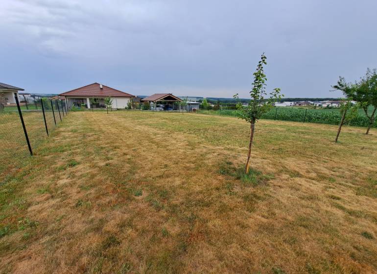 Predáme investičný pozemok, 633 m2, Nitra - Párovské Háje - Pozemok na bývanie v Nitre s trávnikom, plotom a stromami, vzdialené budovy.