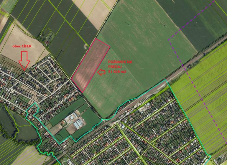 Investičný pozemok na predaj 51 028 m2 – obec Cífer - Letecká mapa obce Čífer ukazuje významné komerčné pozemky na predaj.