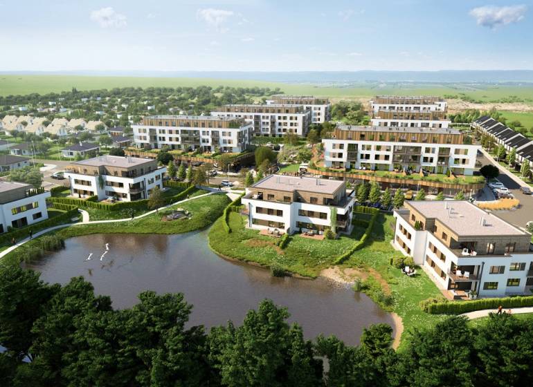 Predaj 2-izb. bytu so záhradou a terasou, Nová Tehelňa, Senec (A1101) - Na obrázku sú bytové komplexy s jazerom, blízko ulice Vtáčia.