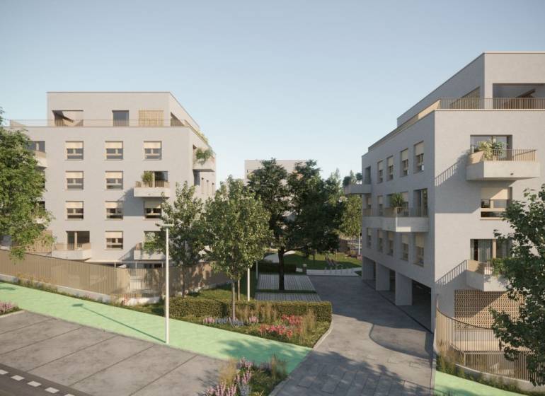 Na predaj 2-izbový byt s balkónom - A3 - Pekná architektúra budovy s balkónmi obklopená zeleňou, ideálna pre 2-izbový byt.