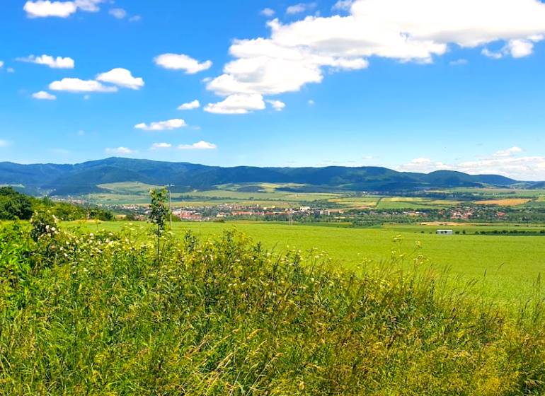 Ražňany – 2.150 m2 PÔDA a LES  - Pohľad na Poľnohospodárske a lesné pozemky pri Ražňanoch s horami na obzore.