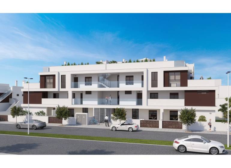 TORRE DE LA HORADADA -  nový rezidenčný komplex len 200 m od pláže - Biely trojposchodový rekreačný apartmán v meste Torre de la Horadada s autami.