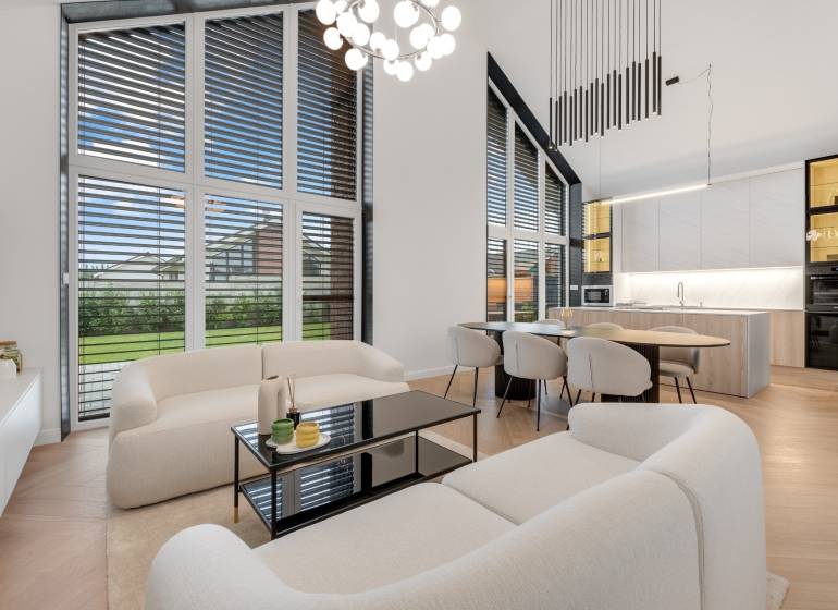 THE HOME ︱ PREDAJ - designový 5-izbový rodinný dom v Chorvátskom Grob - Interiér rodinného domu s priestrannou obývacou izbou, kuchyňou a jedálenským kútom.