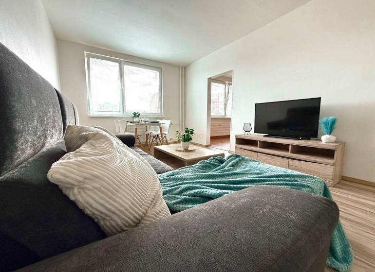 - EXKLUZÍVNE - PREDAJ - 3,5 IZBOVÝ BYT - LEVICE - Pohodlná obývacia izba v 4-izbovom byte s pohovkou, stolíkom a televíziou.