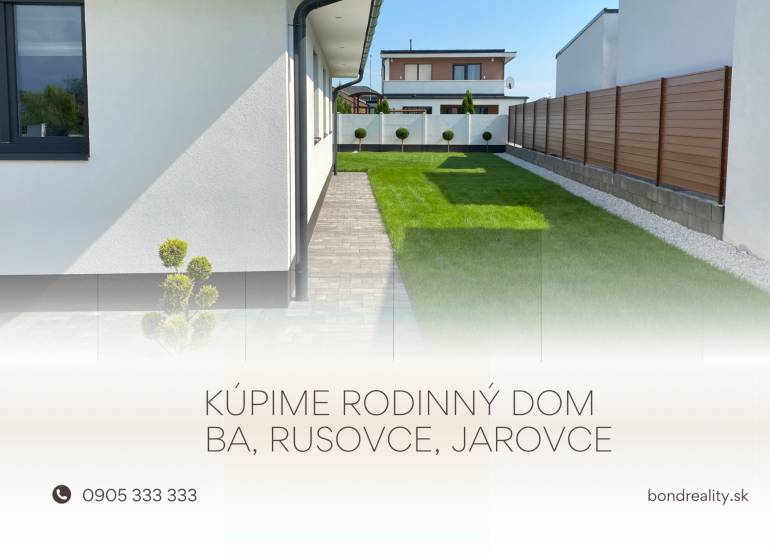 Súrne hľadáme pre konkrétneho klienta! RD Rusovce alebo Jarovce - Rodinný dom v Bratislave-Rusovciach, upravená záhrada s trávnikom a výsadbou popri plote.