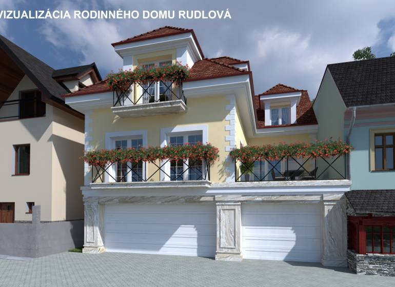 JEDINEČNÁ INVESTIČNÁ PRÍLEŽITOSŤ V SRDCI RUDLOVEJ, Rodinný Dom - Vizualizácia rodinného domu s kvetmi na balkónoch na ulici pod Bánošom, Banská Bystrica.