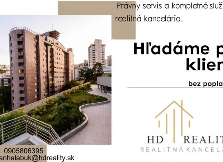 Hľadáme pre klienta 4-izbový byt  vo Zvolene -blízko centra - Budova obklopená zeleňou, vedľa moderných obytných blokov v Banskej Bystrici.