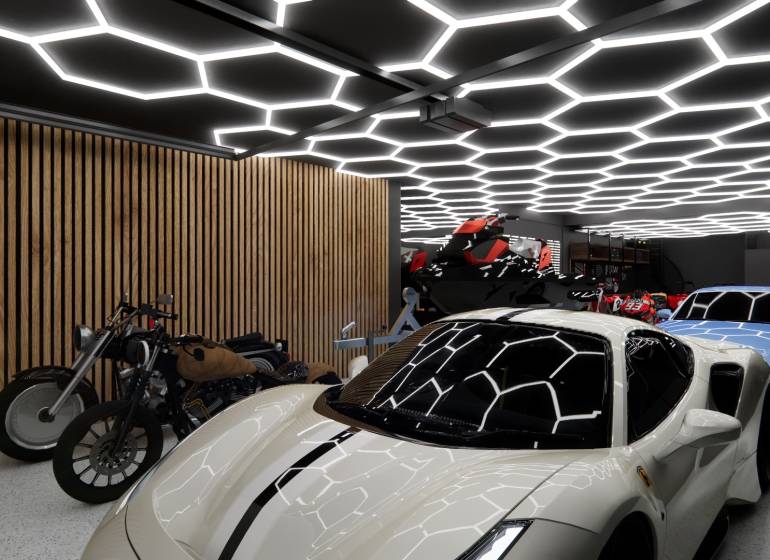 Exkluzívna garáž ( typu B) v projekte PARK3BA, Triblavina, Bratislava - Obchodné priestory s automobilmi, motorkami a unikátnym osvetlením stropu v garáži.