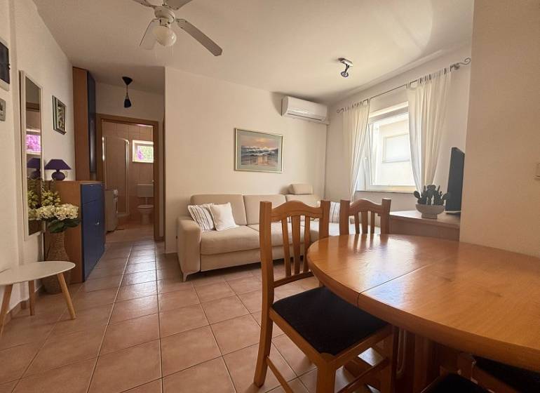 ☀NOVALJA (HR) -  2-izbový apartmán 45 m2 s terasou v 2.rade u mora - Obývacia izba v 2-izbovom byte s jedálenským stolom, pohovkou a klimatizáciou.