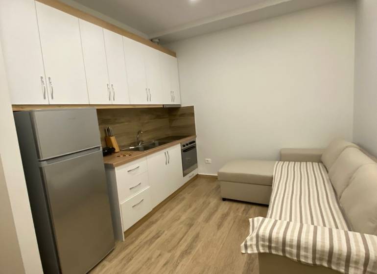 Sarandë - novozariadený apartmán s výhľadom na more - Rekreačný apartmán s kuchynskou linkou, chladničkou a pohodlnou pohovkou na drevenej podlahe.
