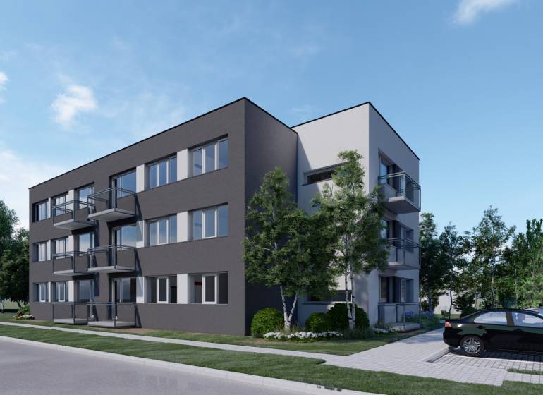 Pozemok s rozostavanou stavbou pre 12 bytov pri Senici - Trojposchodová budova s balkónmi, parkoviskom a zeleňou v mestskej časti.