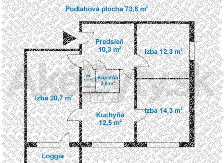 Predaj 3-izbového bytu Bratislava Petržalka  - Pôdorys 3-izbového bytu s loggiou, predsieňou, kuchyňou, kúpeľňou a WC.