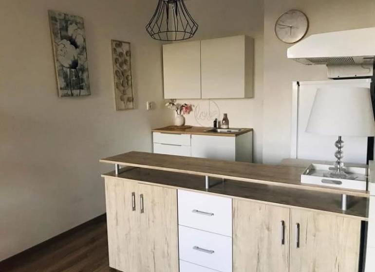 1-izb. apartmán, Antolska ul., Petržalka, rezidencia Draždiak - Kuchyňa v 1-izbovom byte so skriňami, lampou a obrazmi na stene.