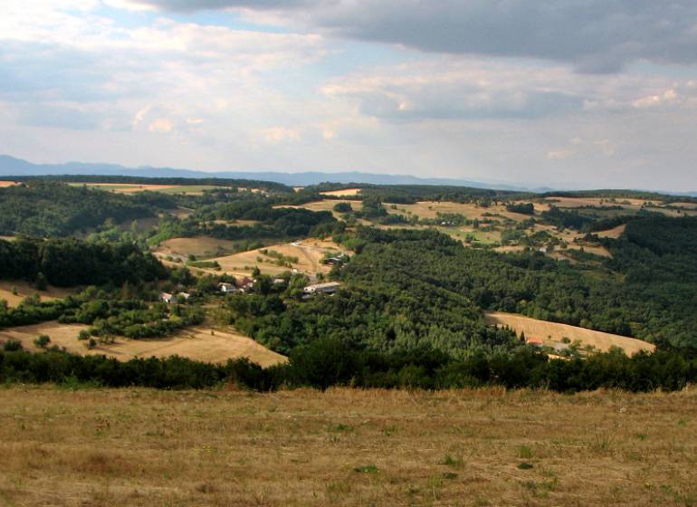Pozemok (3,1ha) na Hrušove okr. Veľký Krtíš s panoramatickým výhľadom. - Kopcovitá krajina s lesmi a otvorenými pozemkami, ideálne pre bývanie na vidieku.