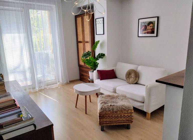 Predaj 2 izbový byt, vedený ako apartmán, možnosť hypo, Hviezdna ulica - Obývacia izba v 2-izbovom byte s bielou sedačkou a rastlinou.