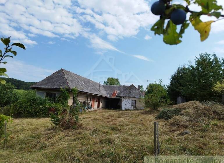 Veľký, vyše 4,5Ha slnečný pozemok s chalupou v strede, na lazoch, pri  - Chata v Hrušove, obklopená lúkou, ovocné stromy a zvýraznené slivky.