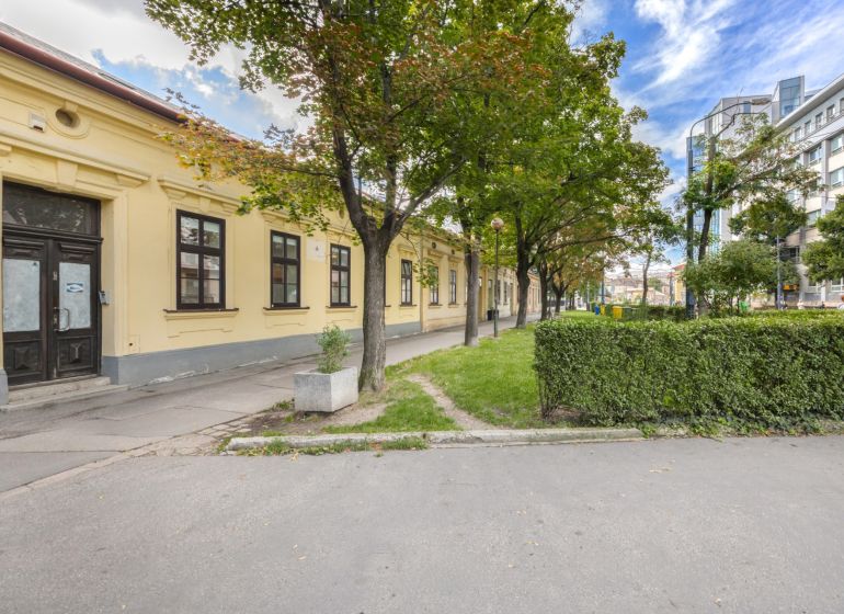 NA PREDAJ - Historický dom s pozemkom v srdci Bratislavy  - Rodinný dom na Radlinského ulici v Bratislave s upravenou zeleňou a chodníkom.