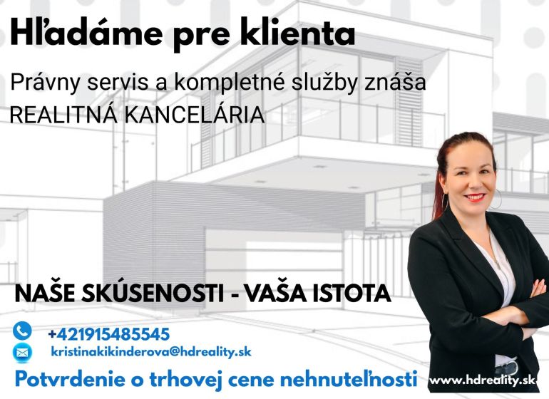 Pre konkrétneho klienta hľadáme chatu v Krupine - Reklamný banner pre realitnú kanceláriu s kontaktom, ilustrovaný dom a žena.