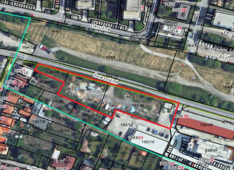 Predaj pozemok vhodný na bytovú výstavbu – Stupava, Železničná ul. - Mapa pozemkov na Železničnej ulici v Stupave, určených pre komerčné využitie.
