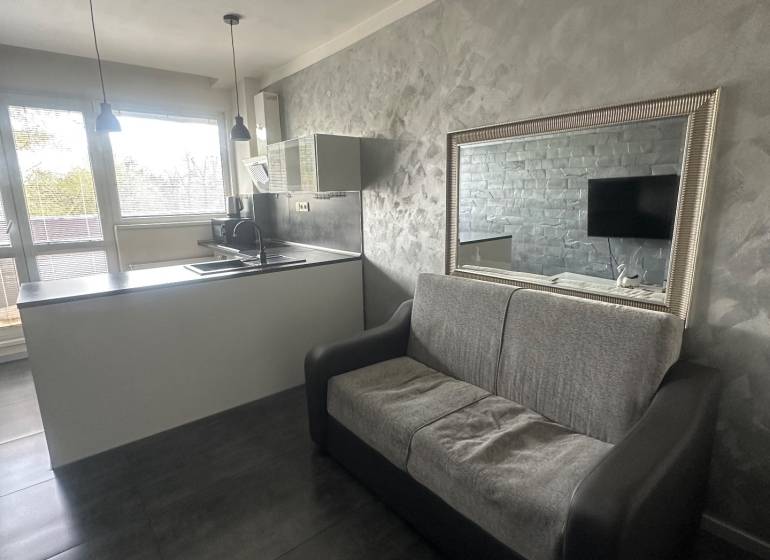 Stavbárska ulica,2-garsónka na prenájom - Dvojgarsónka s kuchynským ostrovčekom, pohovkou a zrkadlom na šedej stene.