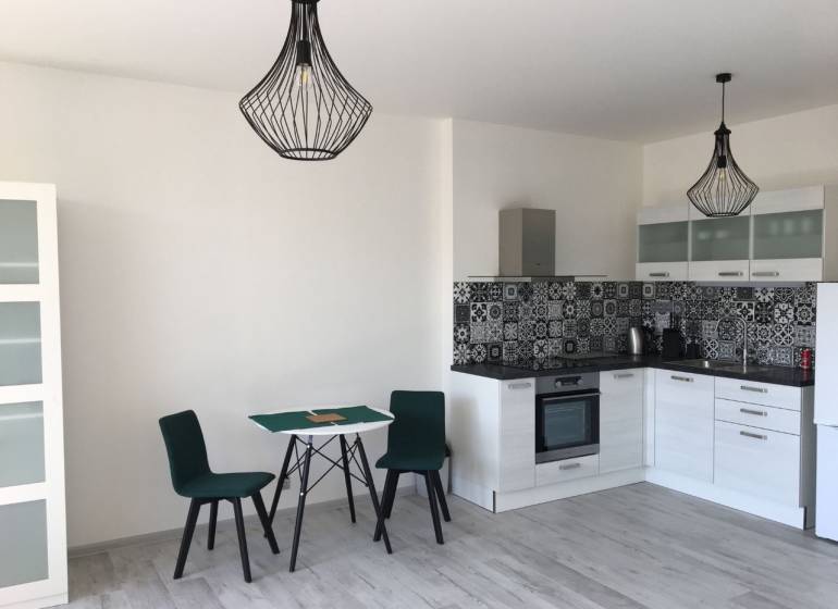 PRENÁJOM 1i byt s Loggiou, Tomášikova ul., Ružinov - Kuchyňa v 1-izbovom byte s jedálenským stolom a podlahou s dreveným dekorom.