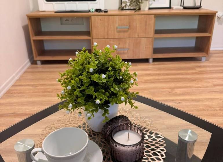 Predaj : 1 izbový byt v meste Čadca časť Žarec  (336-B) - V 1-izbovom byte je konferenčný stolík s dekoráciou, šálkou a sviečkou.