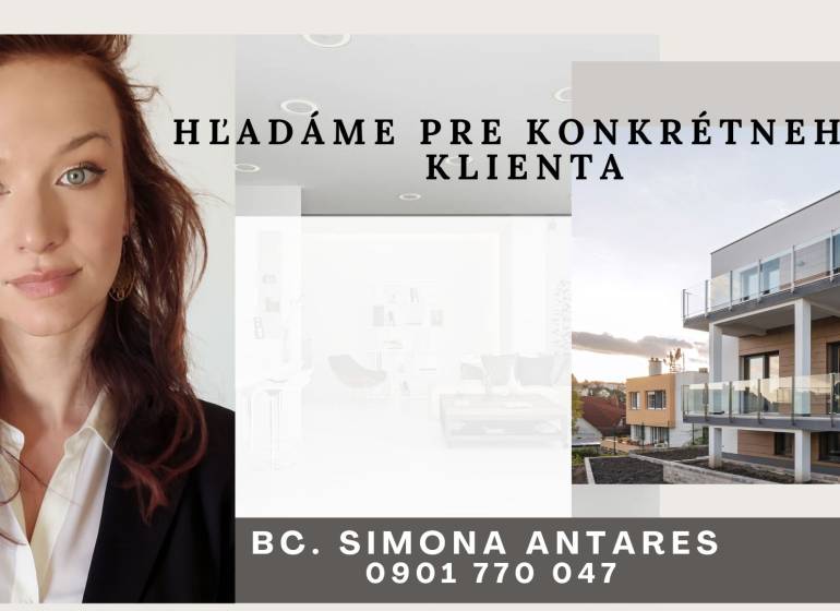 Hľadáme pre developera pozemok v okolí Banskej Bystrice - Žena v obleku, moderná budova s balkónmi, kontakt pre klienta.