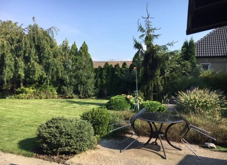 Dom s garážou na peknom rovinatom pozemku so šírkou 24m. - Záhrada rodinného domu v Čiernej Vode s trávnikom, stromami a vonkajším sedením.