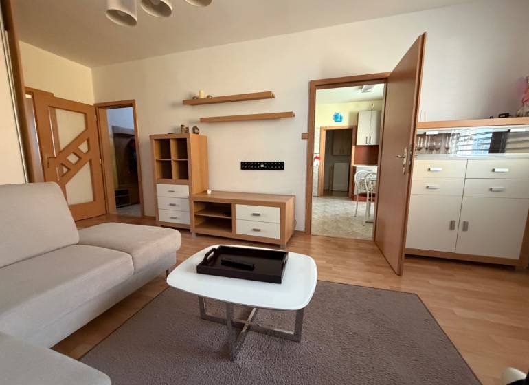 3 izbový byt  balkónom Topoľčany Juh - Obývacia izba v 3-izbovom byte s pohovkou a podlahou s dreveným dekorom.