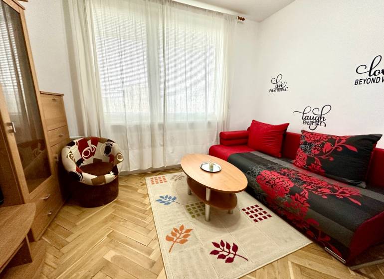 GARSONKA NA PRENÁJOM – VOĽNÁ IHNEĎ (sídlisko Východ) - Garsónka s podlahou s dreveným dekorom, červenou sedačkou a kreslom.