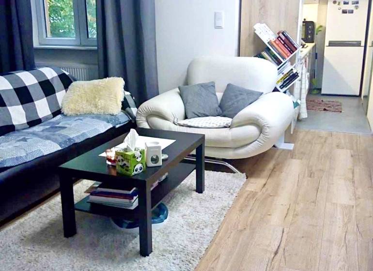 PRENÁJOM - 1,5 izbový byt Košice - Staré mesto - Obývacia izba v 1-izbovom byte s podlahou s dreveným dekorom a pohodlným sedením.