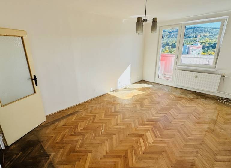 Na predaj 1 i VM byt 47 m2 – 2 x balkón - Partizánske – Luhy - Izba s podlahou s dreveným dekorom v 1-izbovom byte, veľké okno, dvere s presklením.