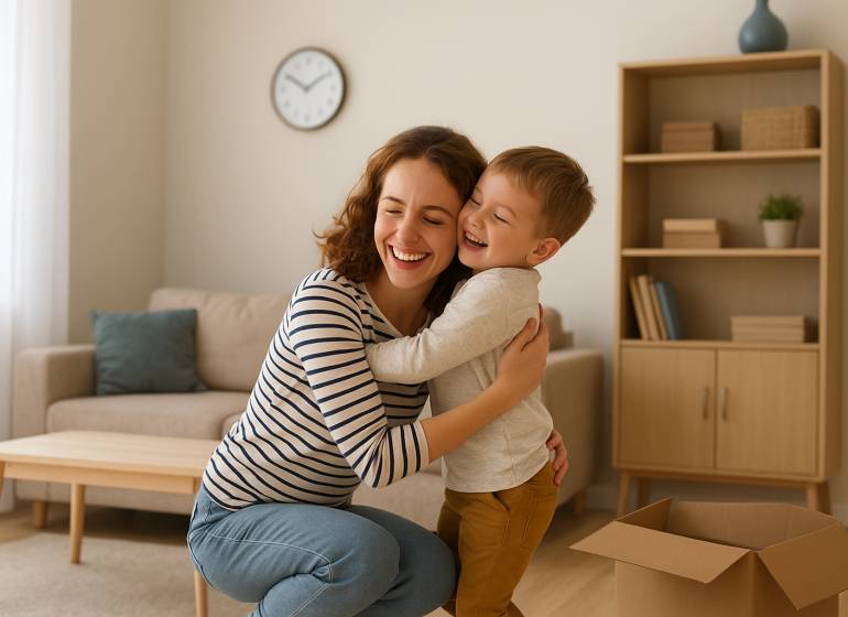 Kúpim 1 izbový alebo 2 izbový byt v BB a okolí - Žena s dieťaťom v objatí v 1-izbovom byte s podlahou s dreveným dekorom.