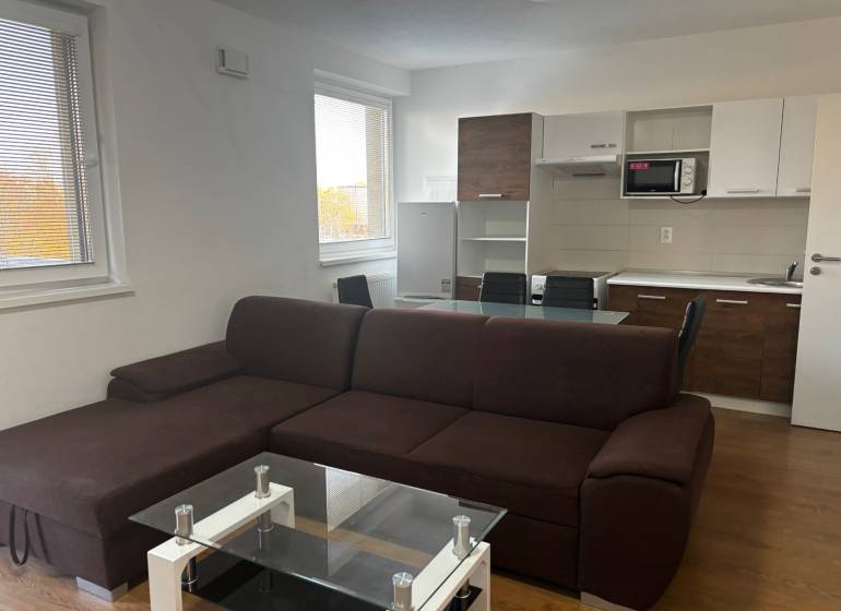 ZARIADENÁ NOVOSTAVBA 1, 5 izb. bytu- DUBOVÝ VŔŠOK - Obývačka s kuchynským kútom, hnedou sedačkou a podlahou s dreveným dekorom v 2-izbovom byte.