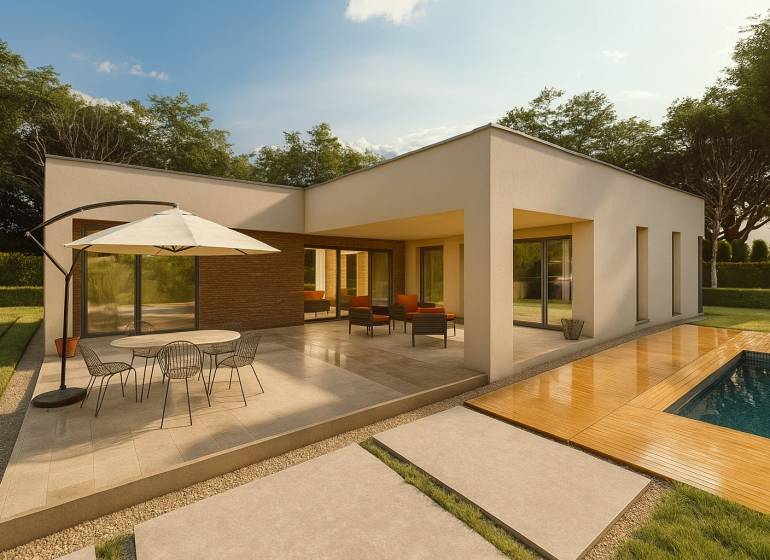 5-izbový dom 162m2 + pozemok 604m2 | Trenčianske Jastrabie - Rodinný dom v Trenčianskom Jastrabí s terasou, bazénom a záhradou.