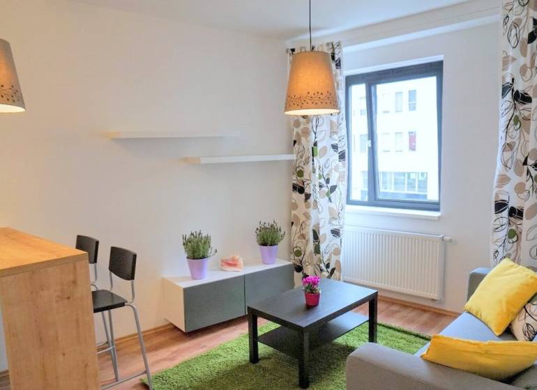 MODERNÝ 2i byt, NOVOSTAVBA, CENTRUM, Suché Mýto, Staré Mesto - Obývačka v 2-izbovom byte s gaučom, stolíkom, dekoráciami a oknom.