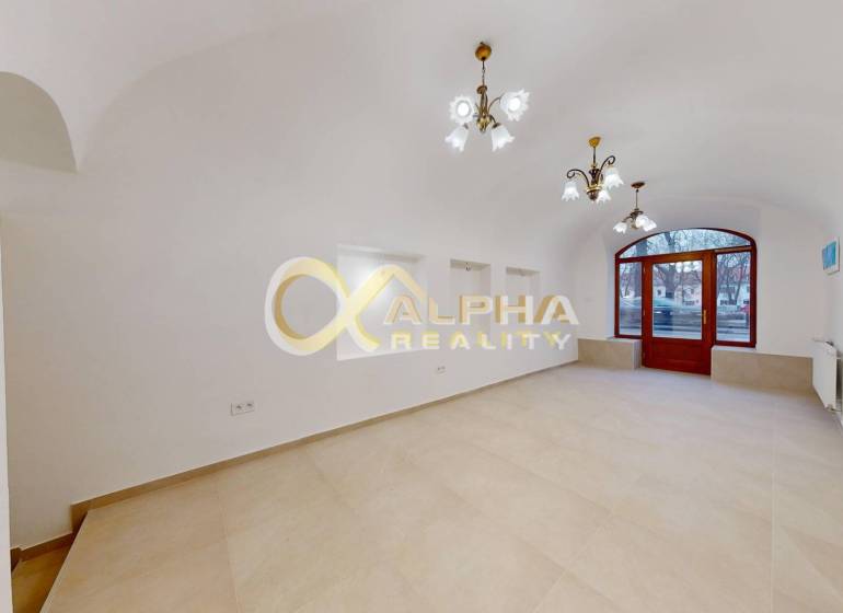 Polyfunkčný priestor na predaj, Zimná ul., Spišská Nová Ves - Obchodné priestory s oblúkovými dverami a podlahou s dreveným dekorom, biele steny, luster.